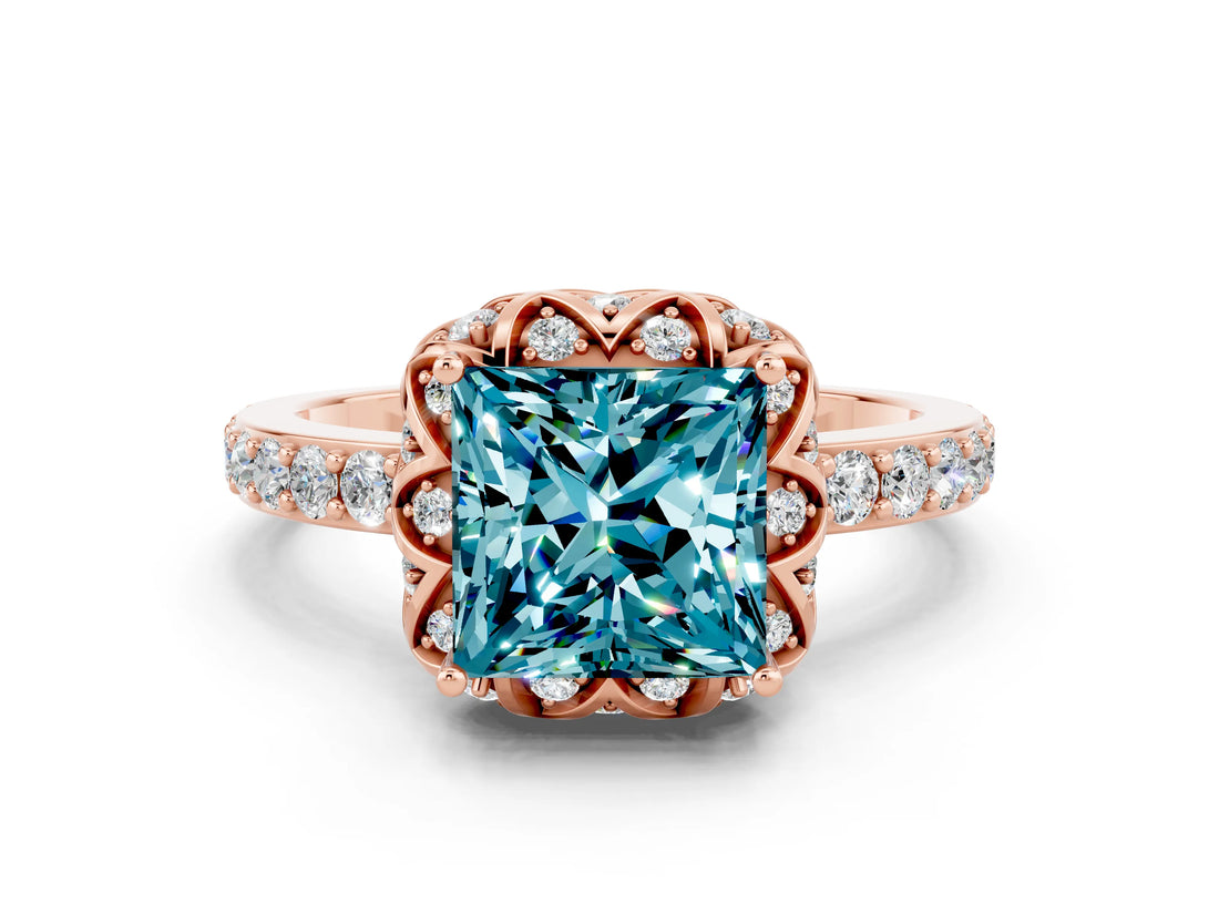 Rose gold Princess Cut Blue Topaz Scalloped Halo Engagement Ring with Round Shared Prong Band_12