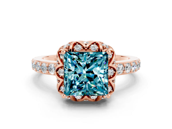 Rose gold Princess Cut Blue Topaz Scalloped Halo Engagement Ring with Round Shared Prong Band