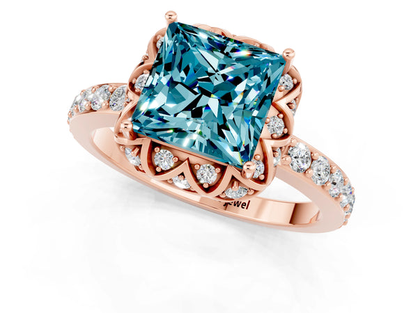 Rose gold Princess Cut Blue Topaz Scalloped Halo Engagement Ring with Round Shared Prong Band