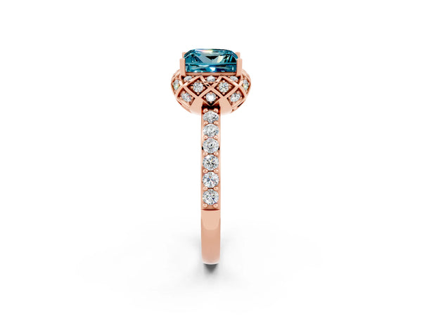 Rose gold Princess Cut Blue Topaz Scalloped Halo Engagement Ring with Round Shared Prong Band