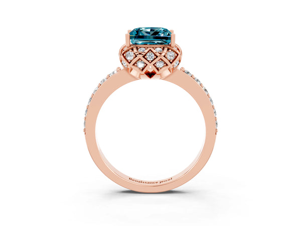 Rose gold Princess Cut Blue Topaz Scalloped Halo Engagement Ring with Round Shared Prong Band