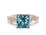 Rose gold Princess Cut Blue Topaz Scattered Round Accent Ring with Prong Setting_26