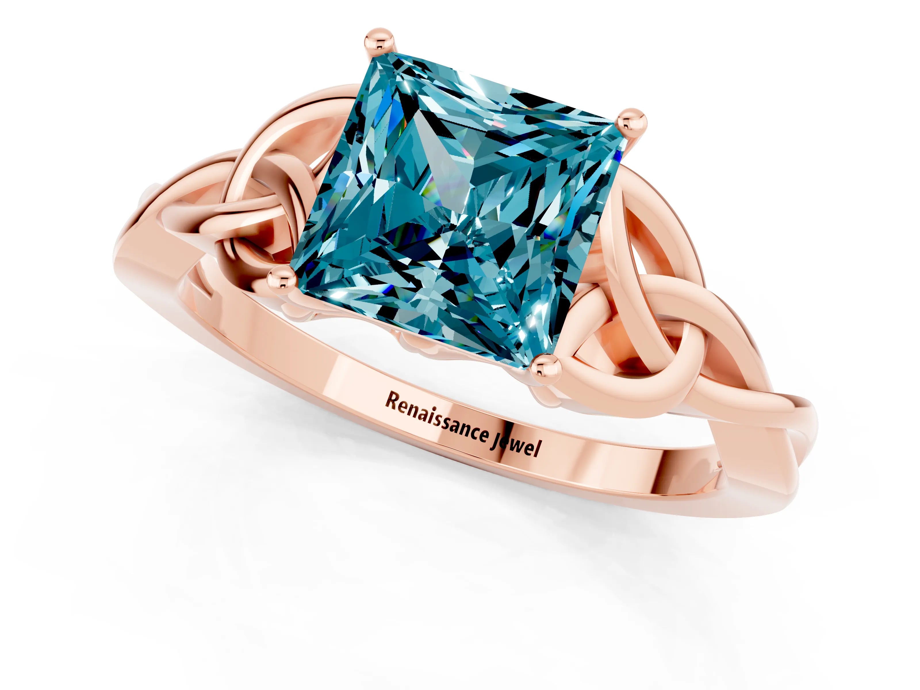 Rose gold Princess Cut Blue Topaz Solitaire Celtic Knot Ring with Four-Prong Setting_13