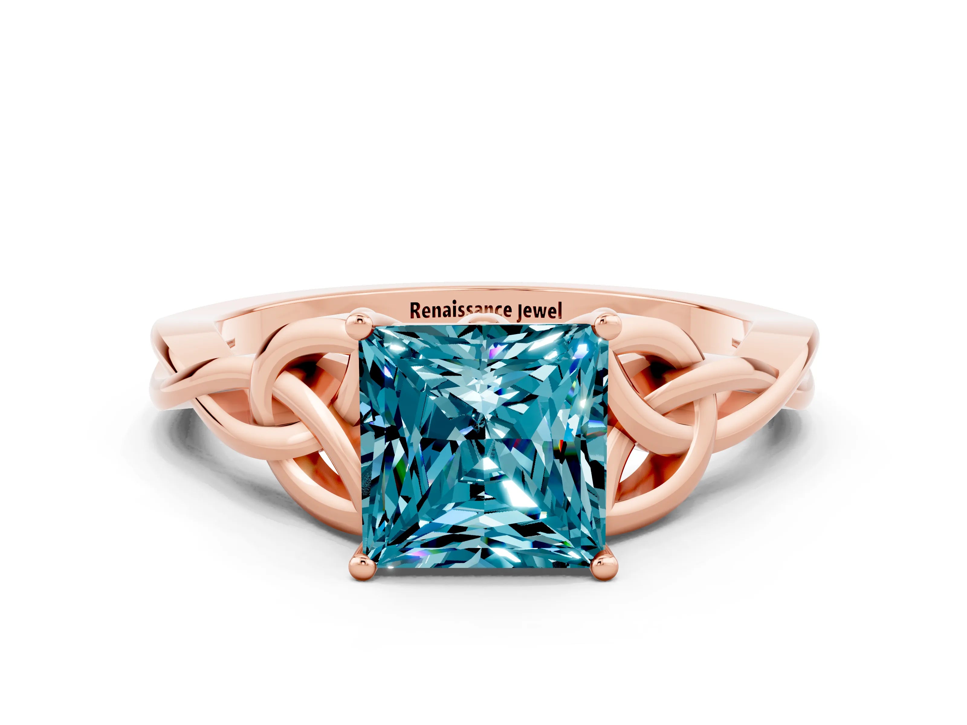 Rose gold Princess Cut Blue Topaz Solitaire Engagement Ring with Celtic Knot Band and Four-Prong Setting