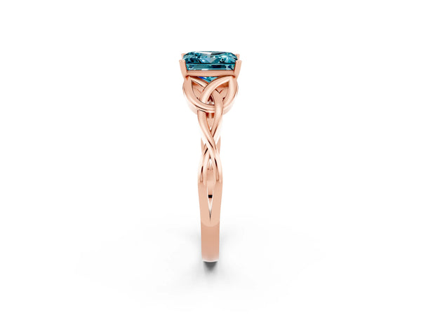 Rose gold Princess Cut Blue Topaz Solitaire Engagement Ring with Celtic Knot Band and Four-Prong Setting