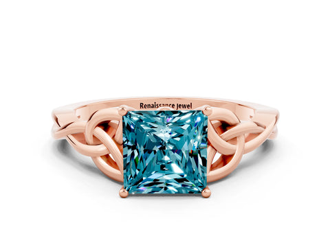 Rose gold Princess Cut Blue Topaz Solitaire Engagement Ring with Celtic Knot Band and Four-Prong Setting