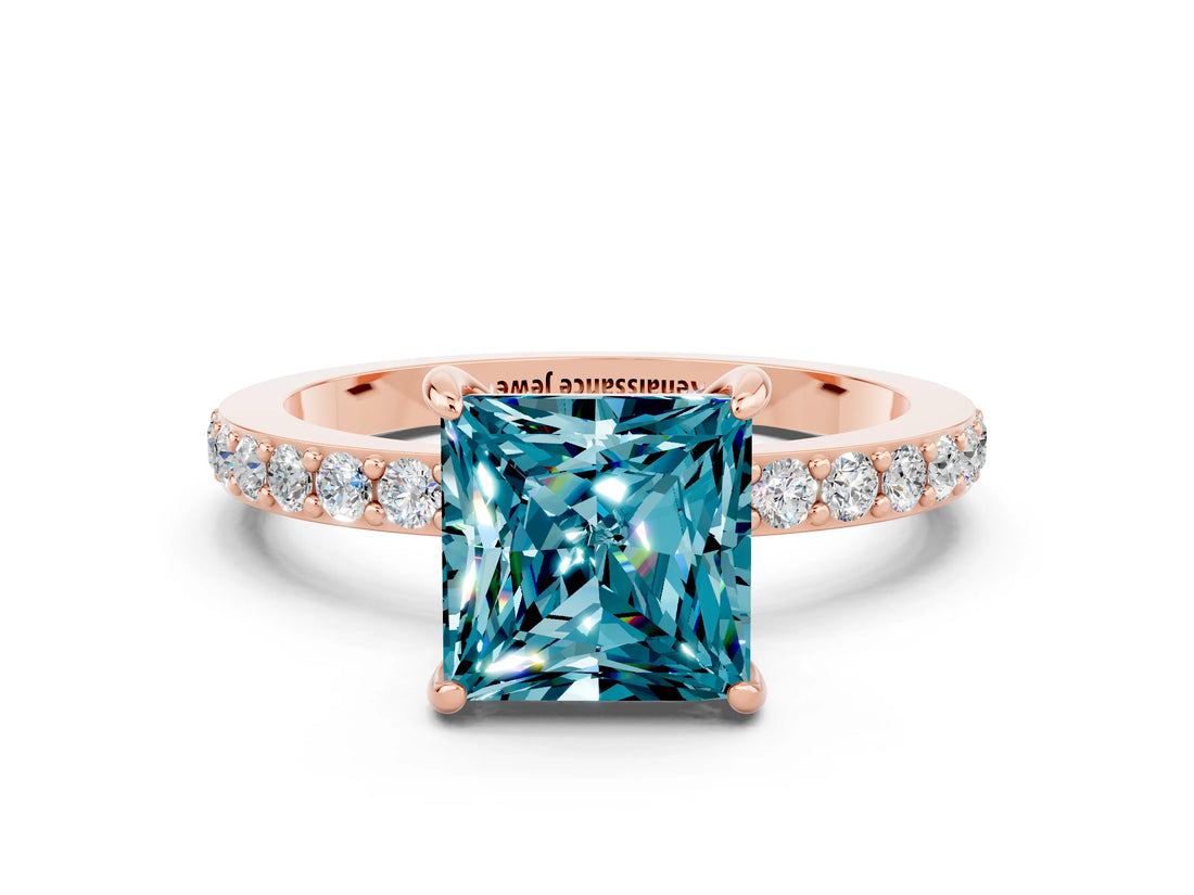 Rose gold Princess Cut Blue Topaz Solitaire Engagement Ring with Pavé Band and Four-Prong Setting