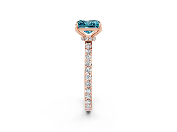 Rose gold Princess Cut Blue Topaz Solitaire Engagement Ring with Pavé Band and Four-Prong Setting