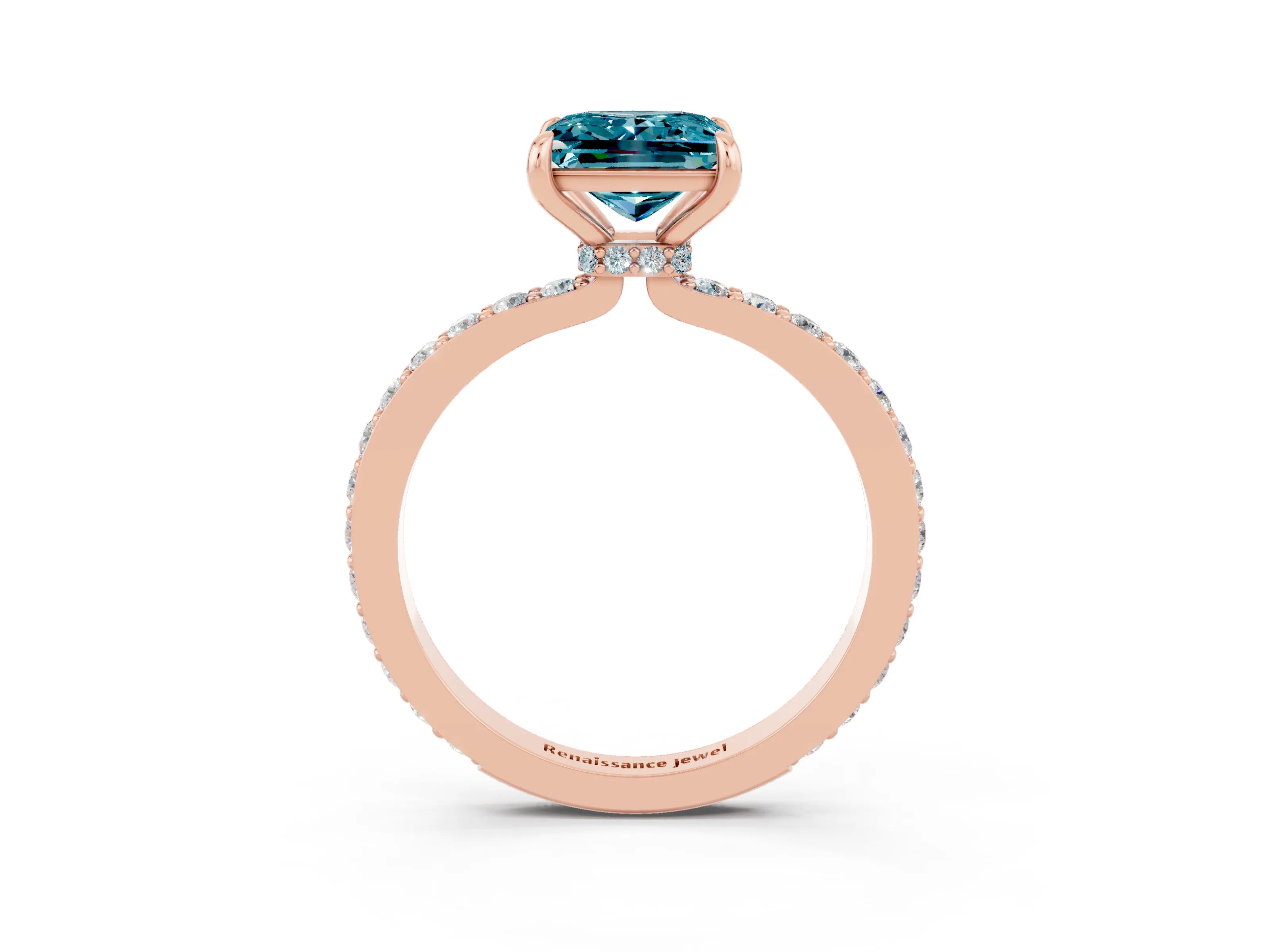 Rose gold Princess Cut Blue Topaz Solitaire Engagement Ring with Pavé Band and Four-Prong Setting_3