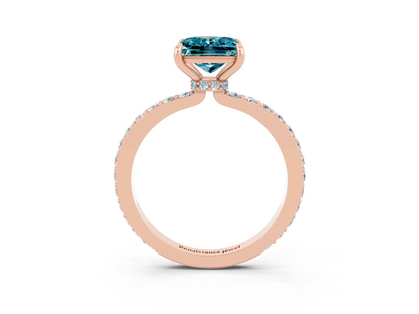 Rose gold Princess Cut Blue Topaz Solitaire Engagement Ring with Pavé Band and Four-Prong Setting