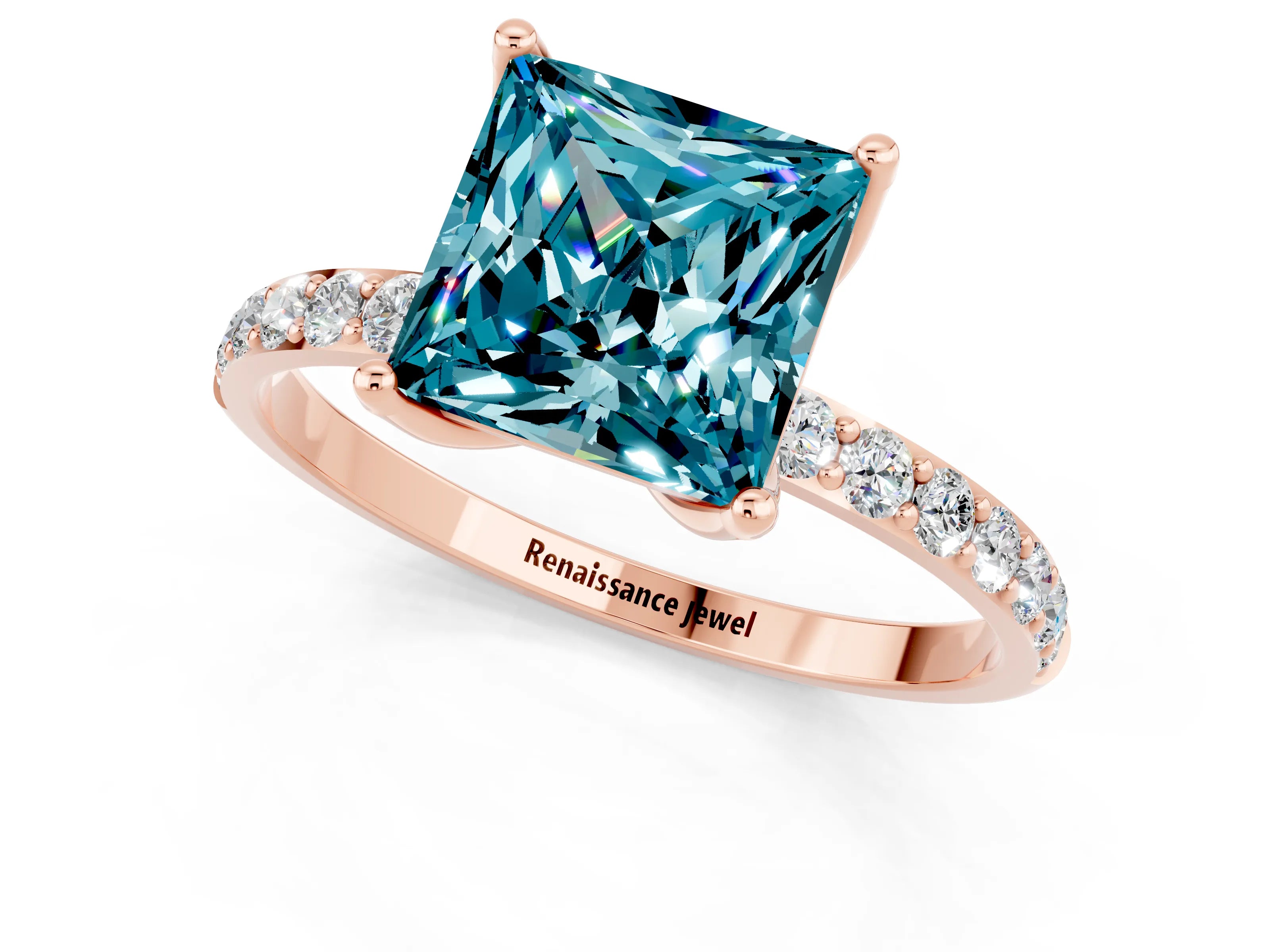Rose gold Princess Cut Blue Topaz Solitaire Engagement Ring with Pavé Band and Prong Setting_1