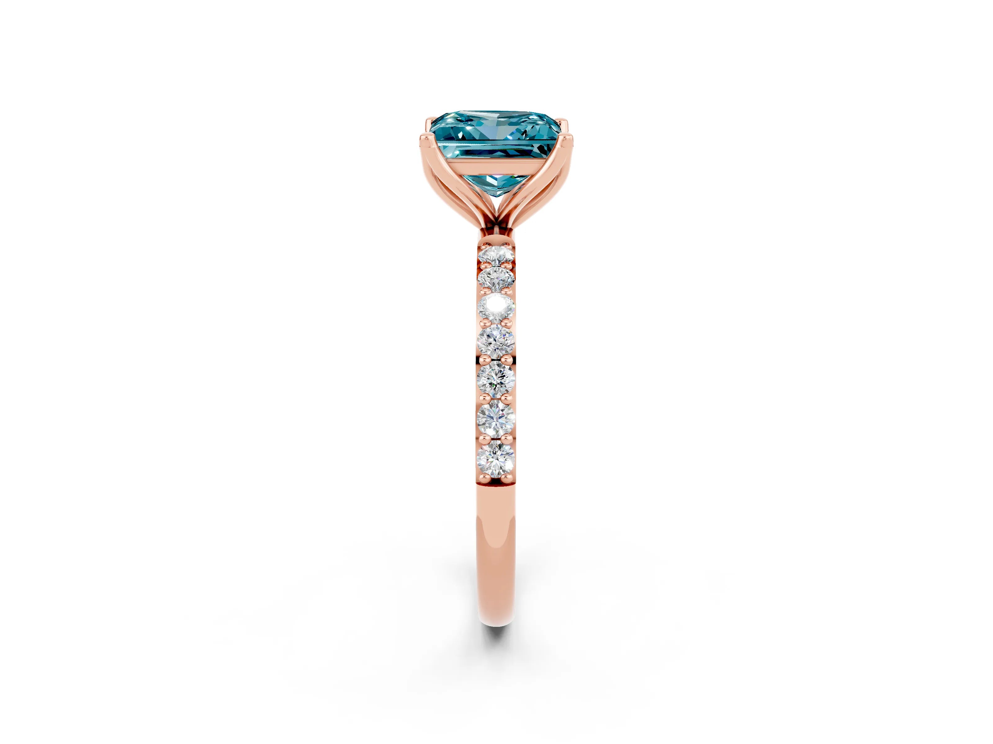Rose gold Princess Cut Blue Topaz Solitaire Engagement Ring with Pavé Band and Prong Setting_2