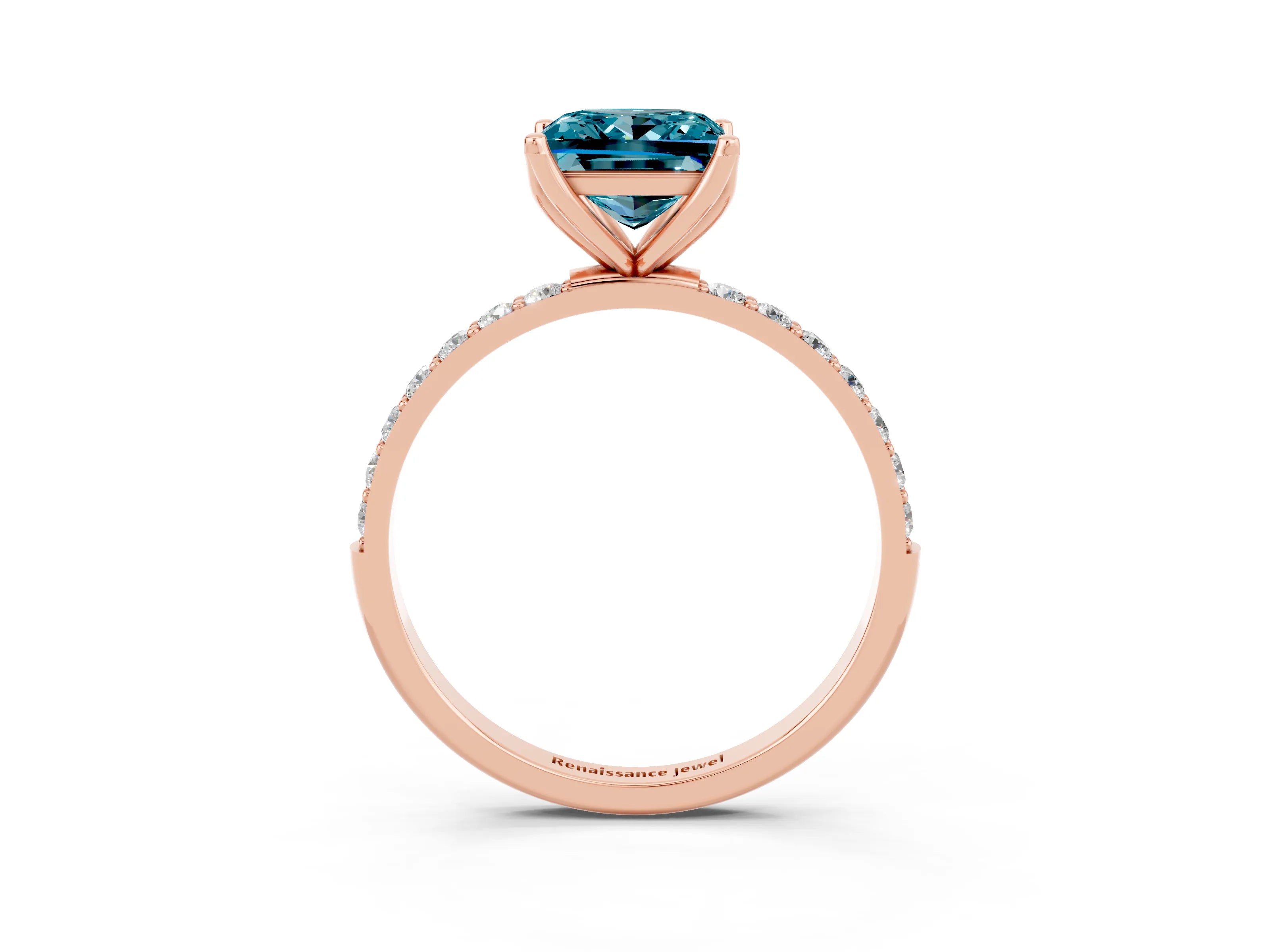 Rose gold Princess Cut Blue Topaz Solitaire Engagement Ring with Pavé Band and Prong Setting_3