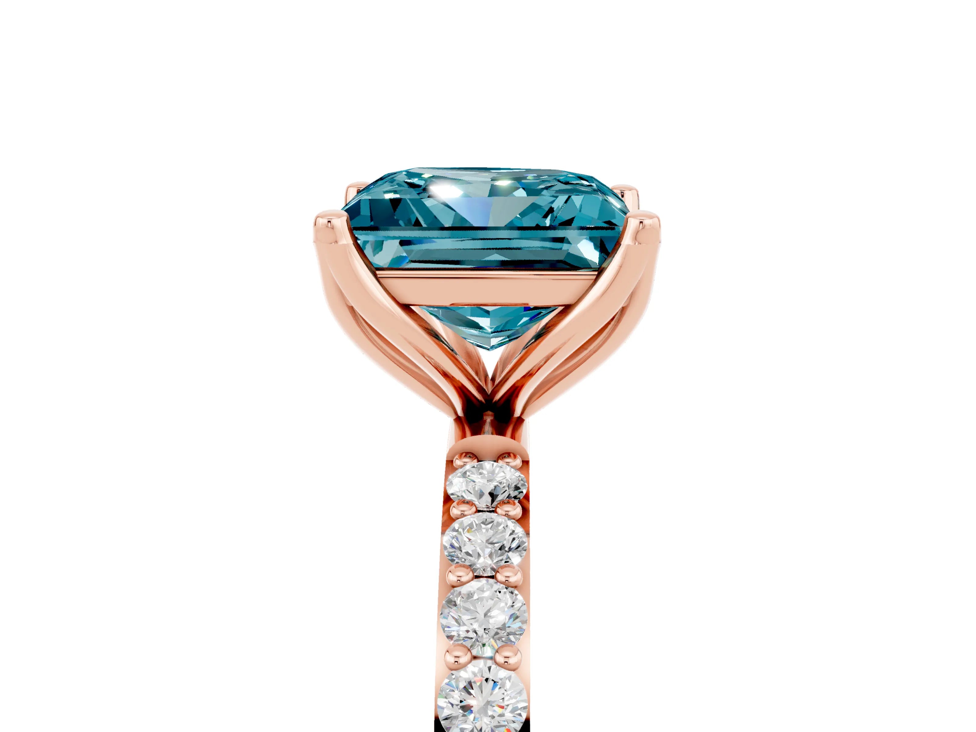 Rose gold Princess Cut Blue Topaz Solitaire Engagement Ring with Pavé Band and Prong Setting_5