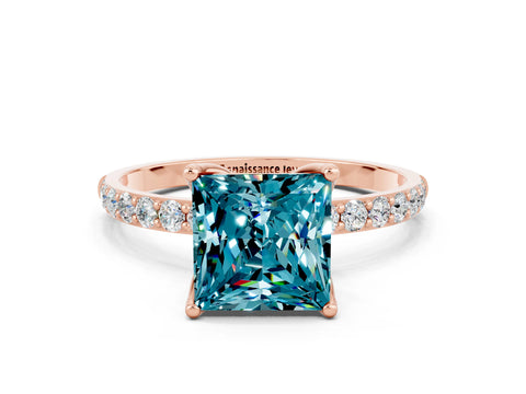 Rose gold Princess Cut Blue Topaz Solitaire Engagement Ring with Pavé Band and Prong Setting