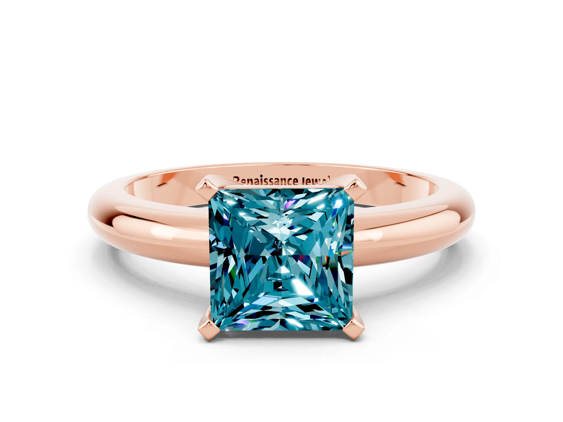Rose gold Princess Cut Blue Topaz Solitaire Engagement Ring with Round Band and Four-Prong Setting