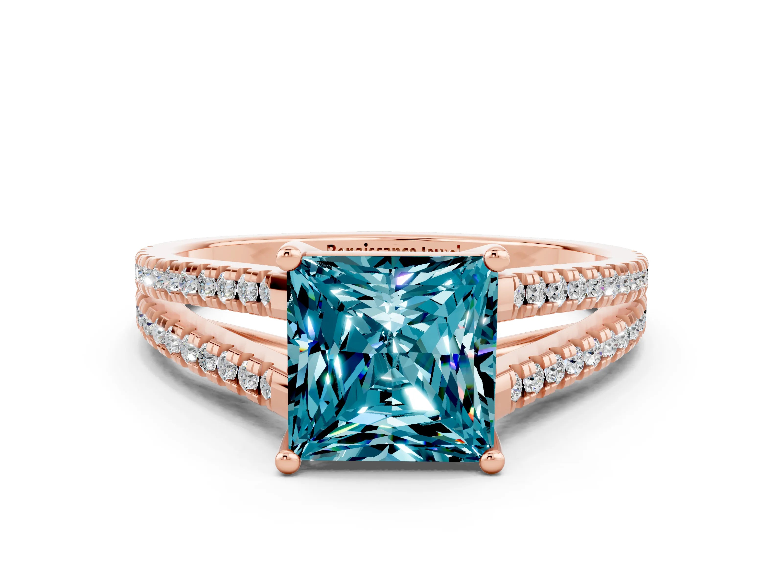 Rose gold Princess Cut Blue Topaz Solitaire Engagement Ring with Split Shank Pavé Band