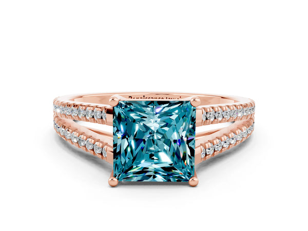 Rose gold Princess Cut Blue Topaz Solitaire Engagement Ring with Split Shank Pavé Band