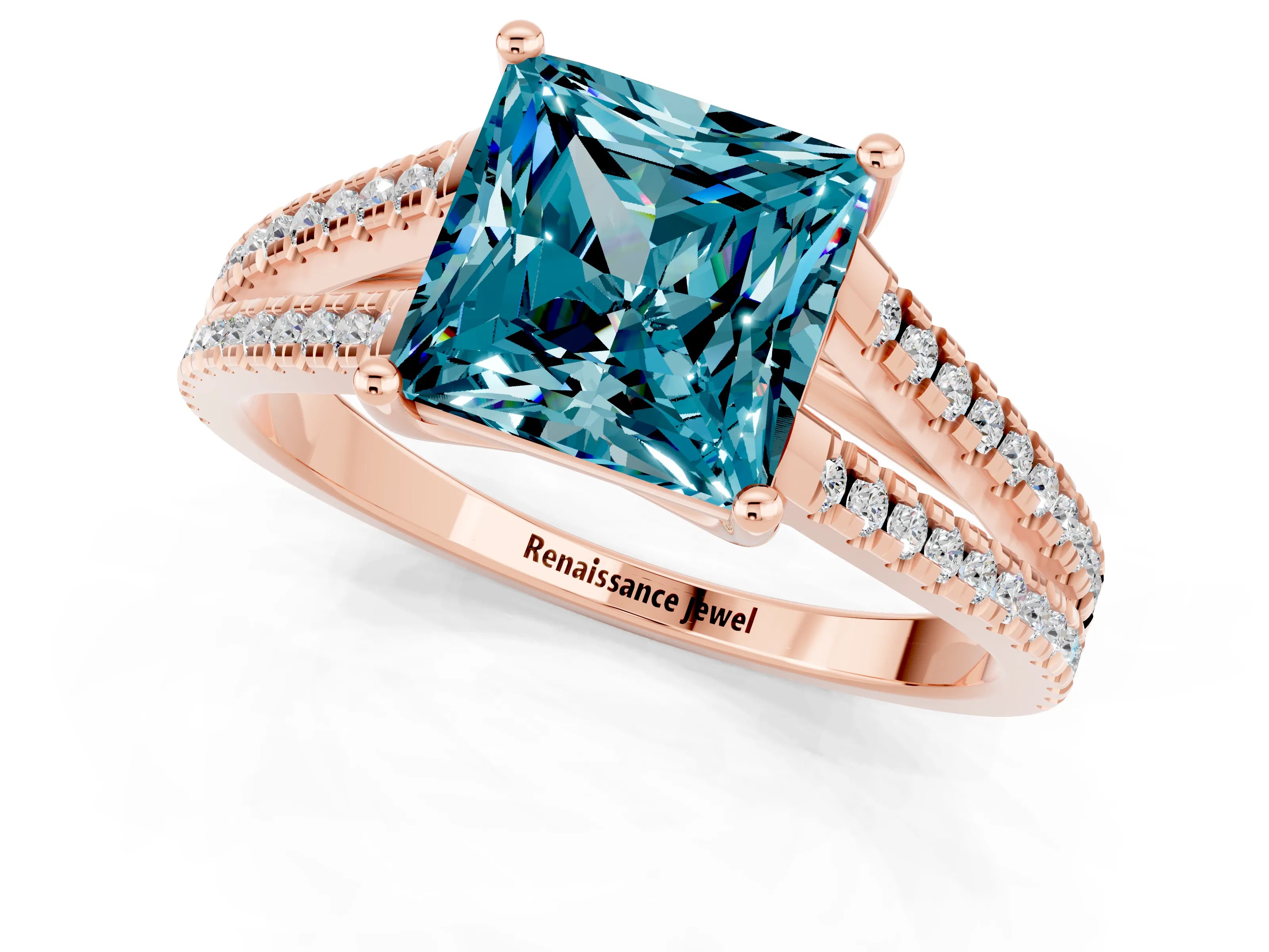 Rose gold Princess Cut Blue Topaz Solitaire Engagement Ring with Split Shank Pavé Band_1