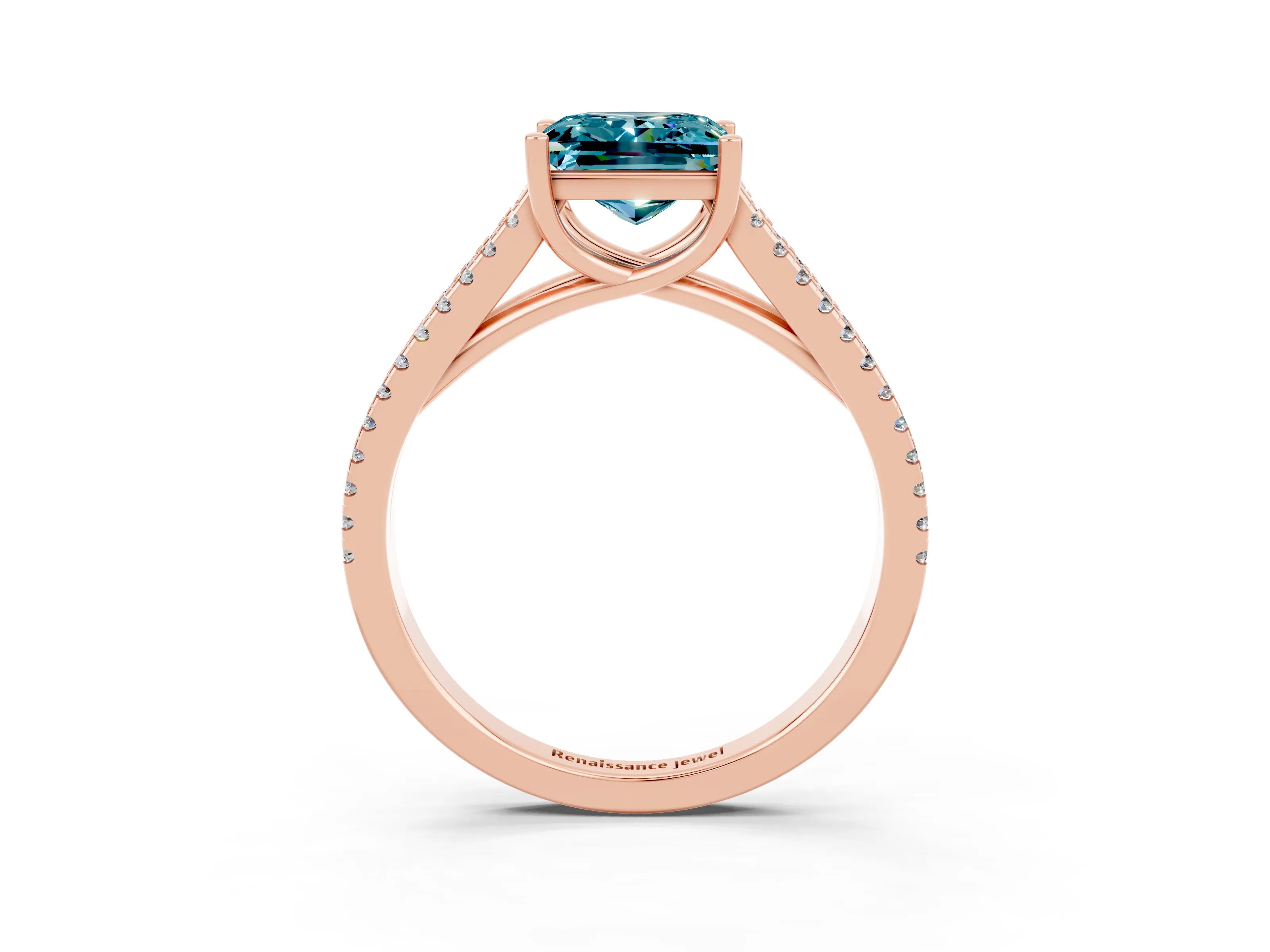 Rose gold Princess Cut Blue Topaz Solitaire Engagement Ring with Split Shank Pavé Band_3