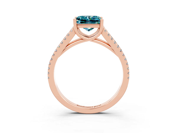 Rose gold Princess Cut Blue Topaz Solitaire Engagement Ring with Split Shank Pavé Band
