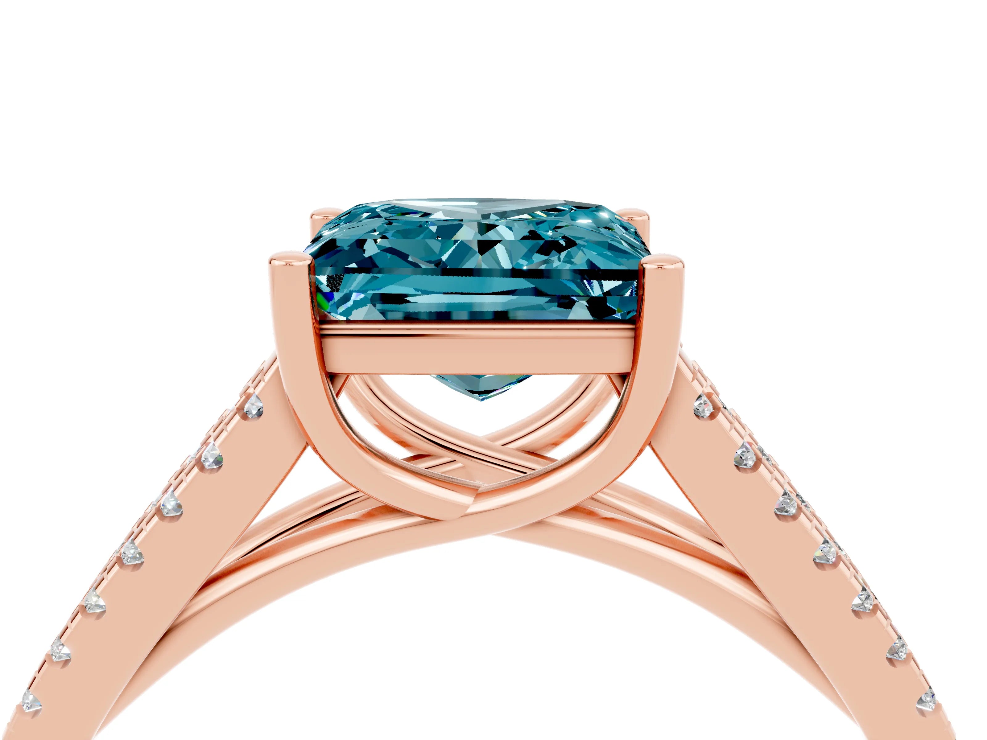 Rose gold Princess Cut Blue Topaz Solitaire Engagement Ring with Split Shank Pavé Band_4