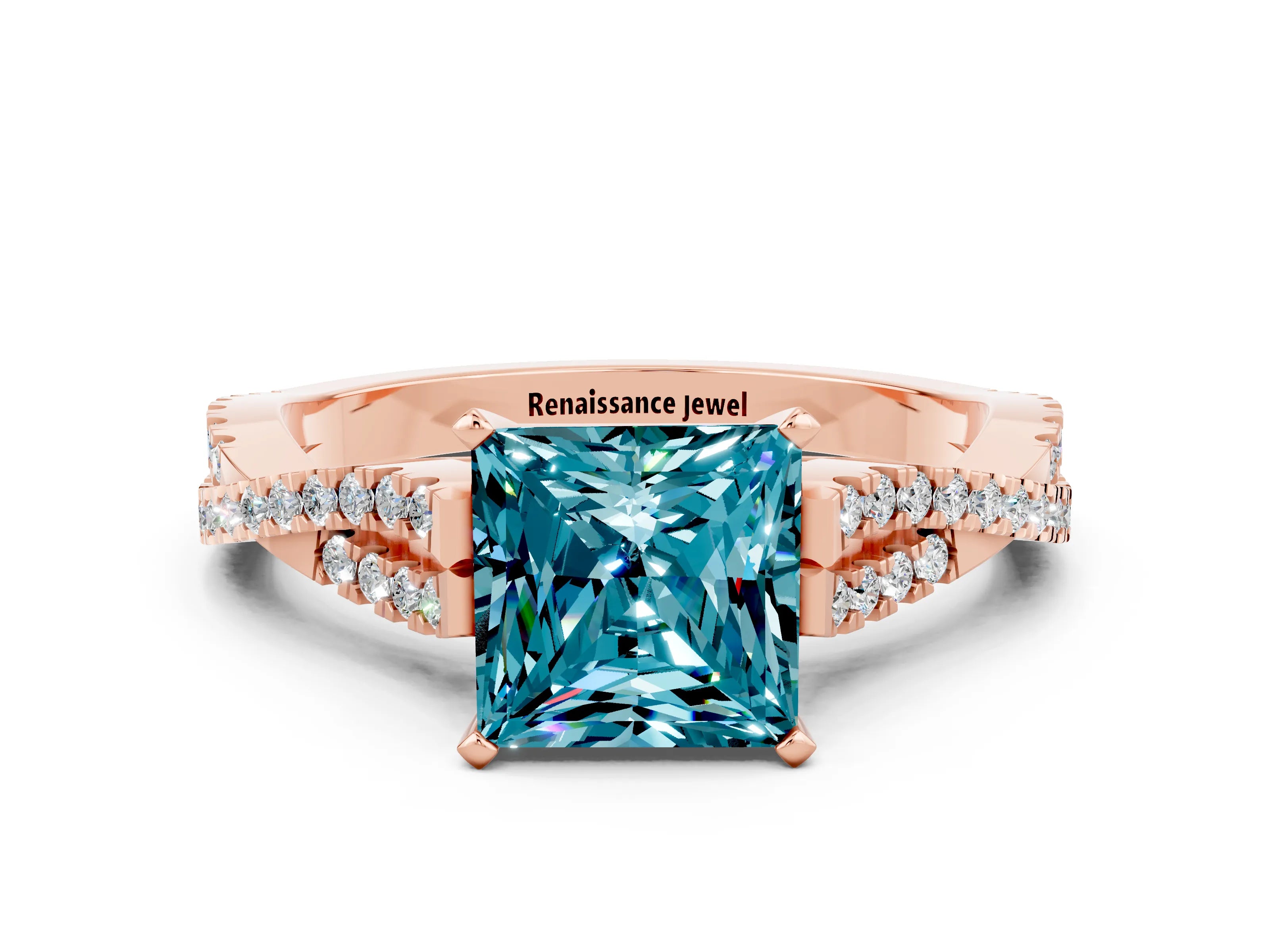 Rose gold Princess Cut Blue Topaz Solitaire Engagement Ring with Twisted Pavé Band and Four-Prong Setting_12