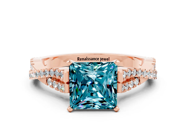 Rose gold Princess Cut Blue Topaz Solitaire Engagement Ring with Twisted Pavé Band and Four-Prong Setting