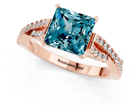 Rose gold Princess Cut Blue Topaz Solitaire Engagement Ring with Twisted Pavé Band and Four-Prong Setting_13