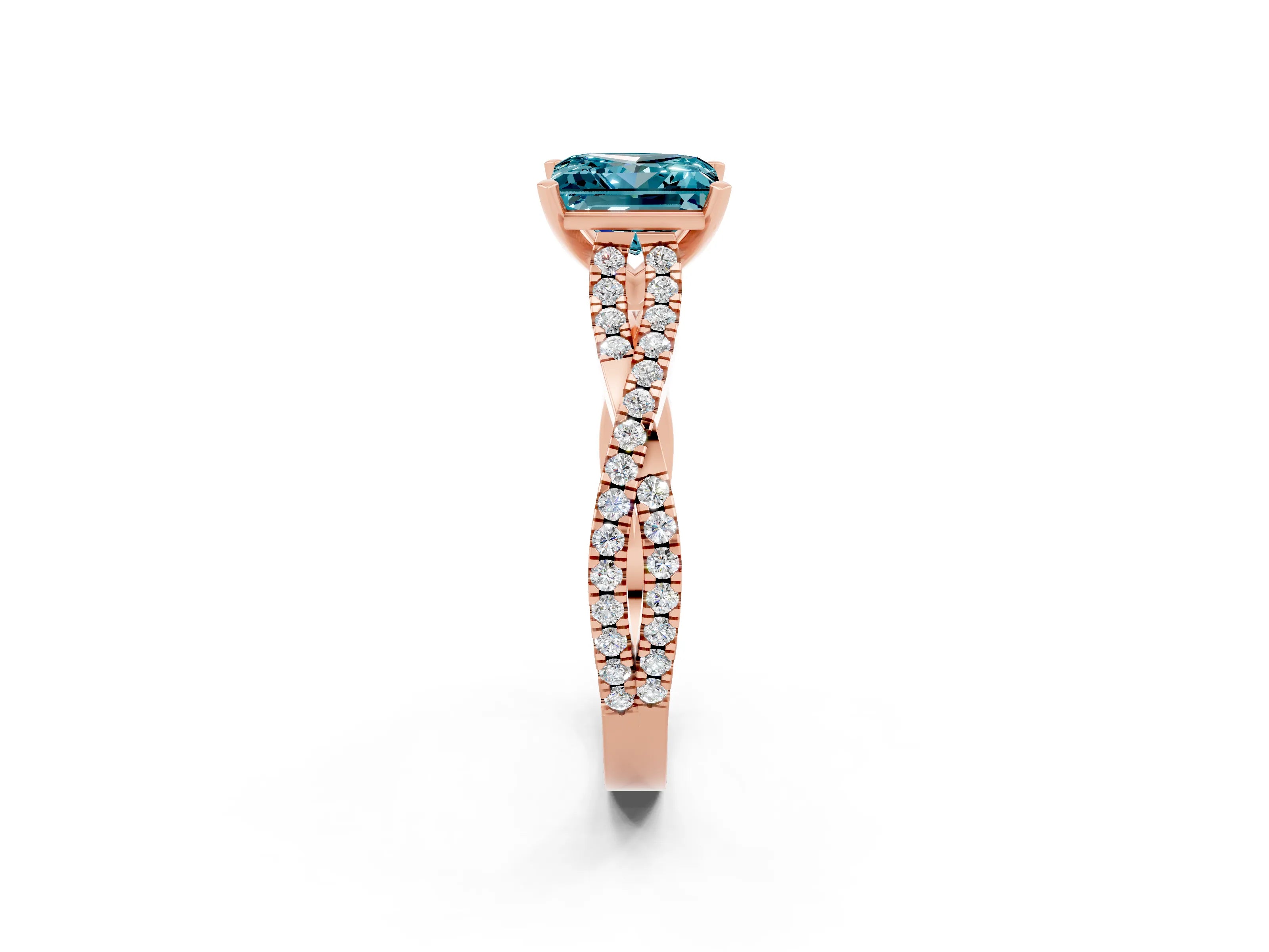 Rose gold Princess Cut Blue Topaz Solitaire Engagement Ring with Twisted Pavé Band and Four-Prong Setting_14