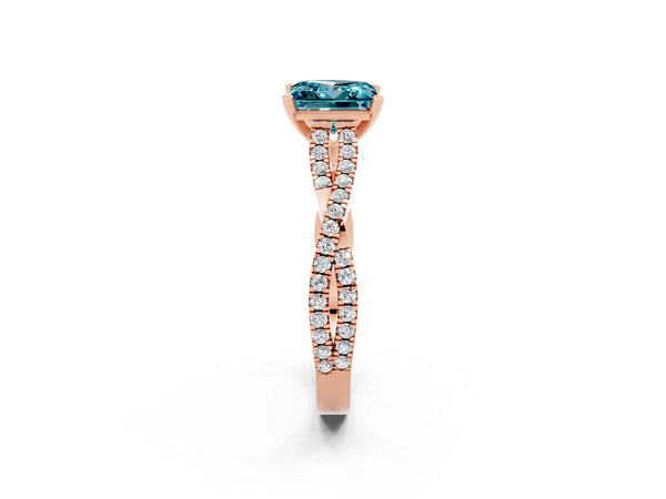 Rose gold Princess Cut Blue Topaz Solitaire Engagement Ring with Twisted Pavé Band and Four-Prong Setting