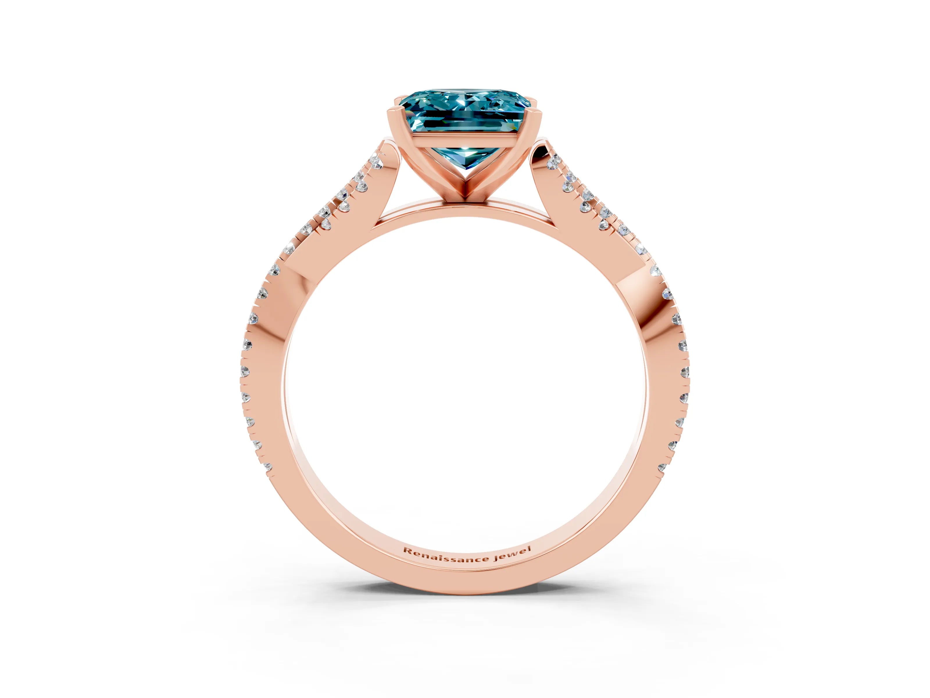 Rose gold Princess Cut Blue Topaz Solitaire Engagement Ring with Twisted Pavé Band and Four-Prong Setting_15