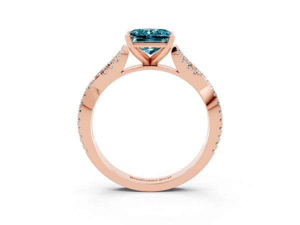 Rose gold Princess Cut Blue Topaz Solitaire Engagement Ring with Twisted Pavé Band and Four-Prong Setting