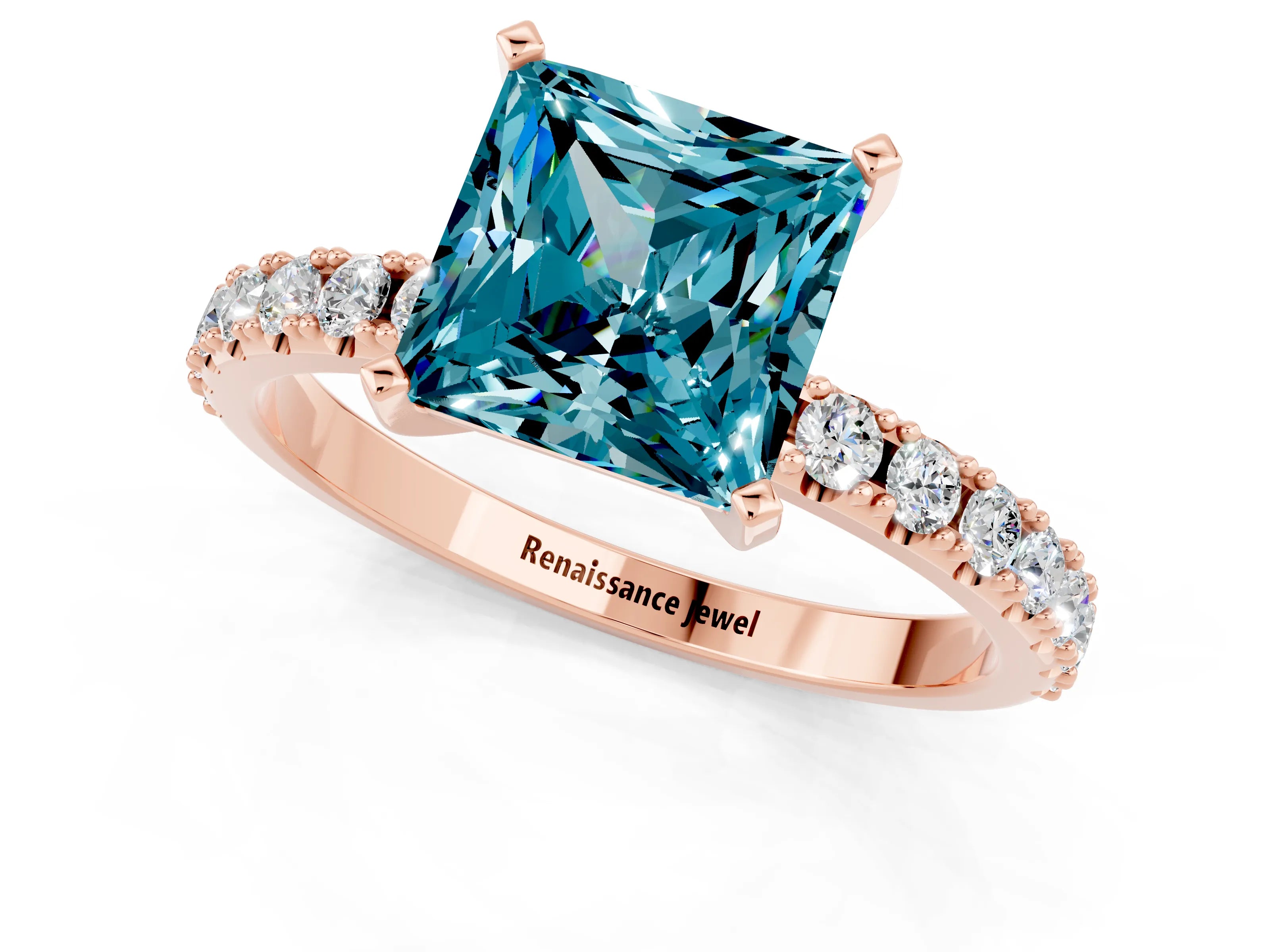 Rose gold Princess Cut Blue Topaz Solitaire Pavé Band with Four-Prong Setting_1