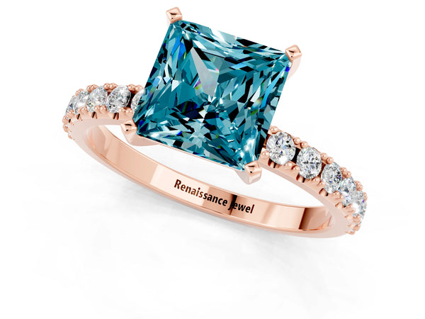 Rose gold Princess Cut Blue Topaz Solitaire Pavé Band with Four-Prong Setting