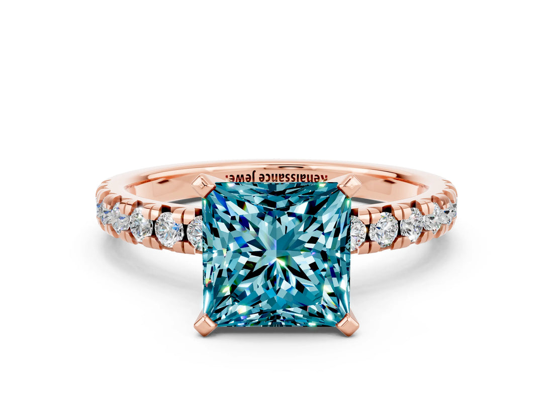 Rose gold Princess Cut Blue Topaz Solitaire Pavé Engagement Ring with Round Band and Prong Setting_72