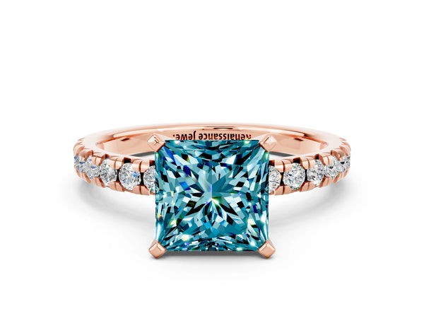 Rose gold Princess Cut Blue Topaz Solitaire Pavé Engagement Ring with Round Band and Prong Setting