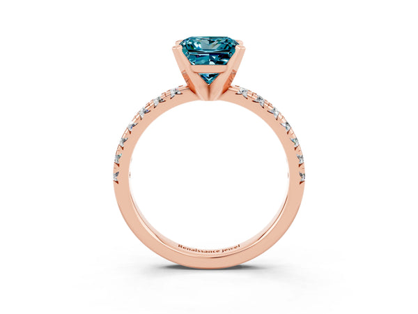 Rose gold Princess Cut Blue Topaz Solitaire Pavé Engagement Ring with Round Band and Prong Setting