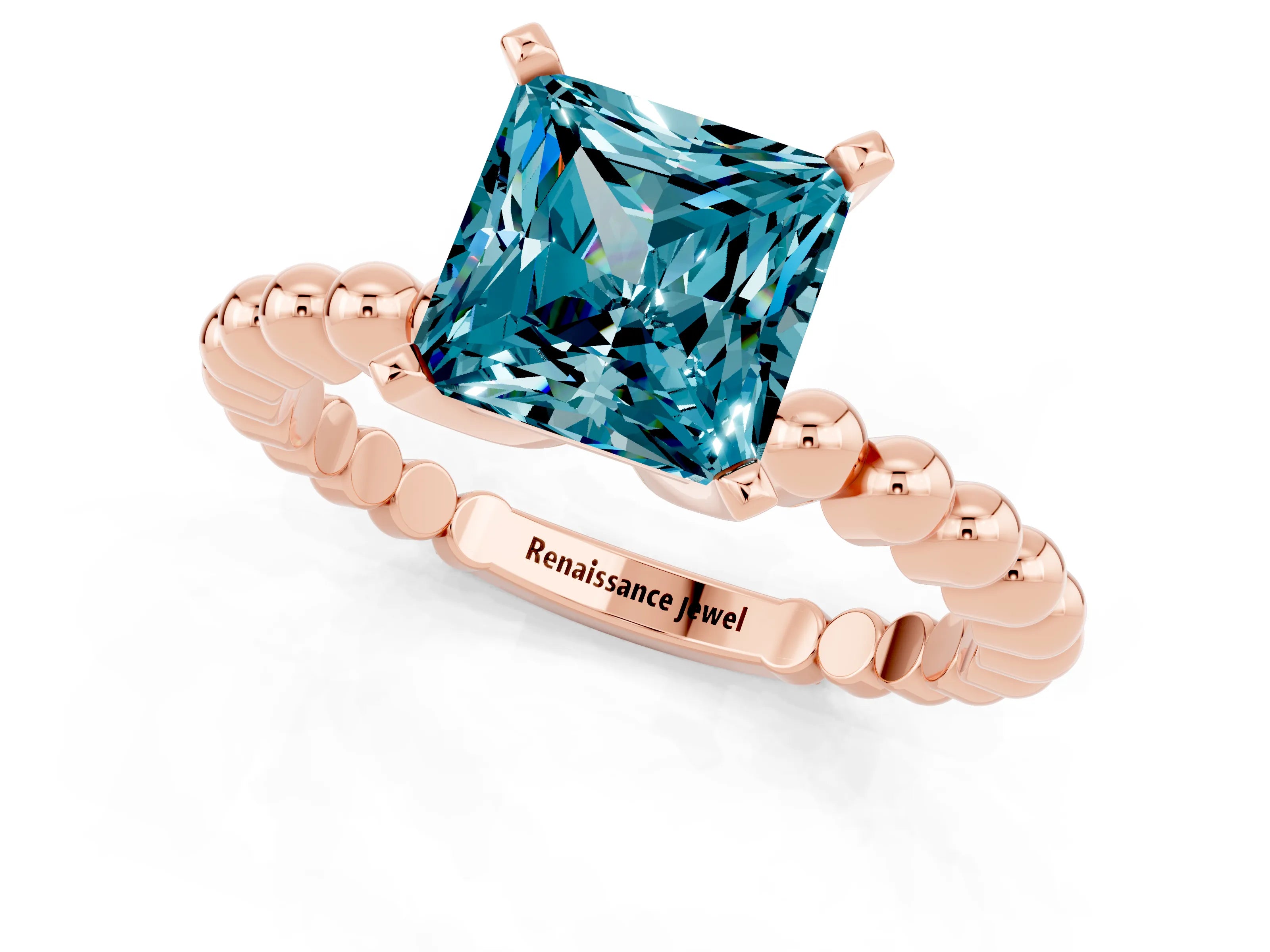 Rose gold Princess Cut Blue Topaz Solitaire Ring with Beaded Band and Prong Setting_1