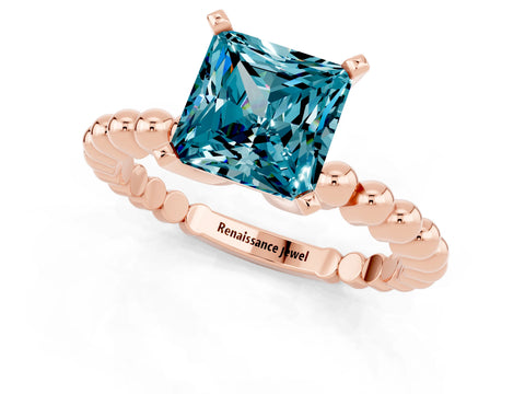 Rose gold Princess Cut Blue Topaz Solitaire Ring with Beaded Band and Prong Setting_1