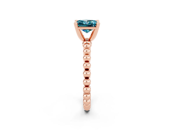 Rose gold Princess Cut Blue Topaz Solitaire Ring with Beaded Band and Prong Setting