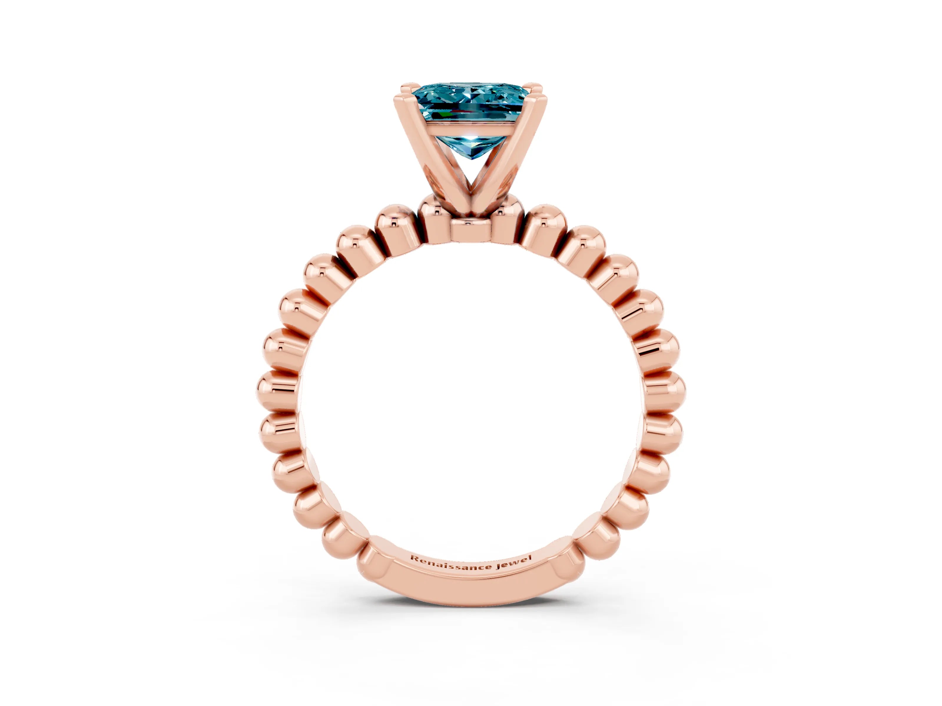 Rose gold Princess Cut Blue Topaz Solitaire Ring with Beaded Band and Prong Setting_3