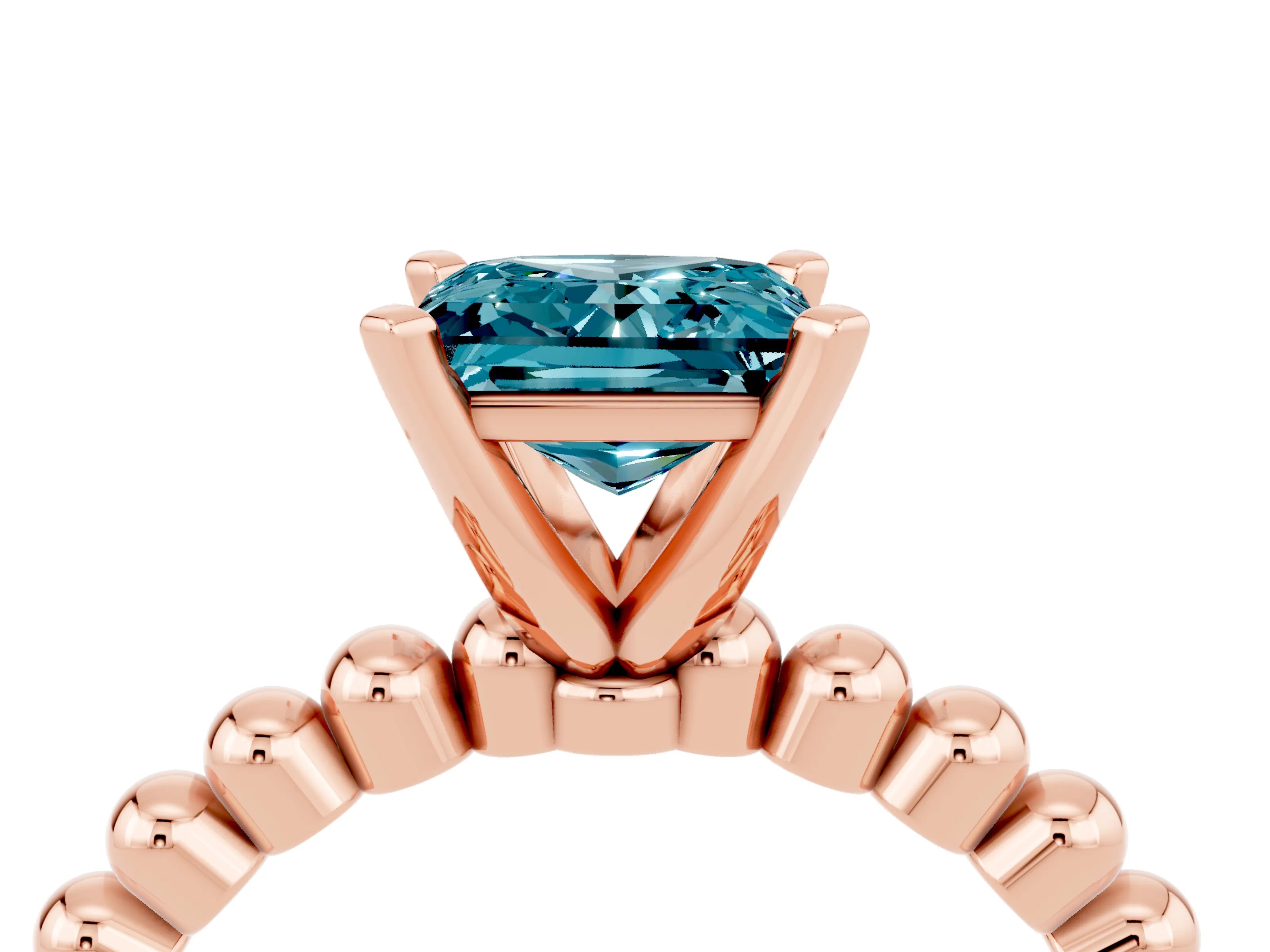 Rose gold Princess Cut Blue Topaz Solitaire Ring with Beaded Band and Prong Setting_4