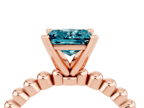 Rose gold Princess Cut Blue Topaz Solitaire Ring with Beaded Band and Prong Setting_4
