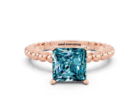 Rose gold Princess Cut Blue Topaz Solitaire Ring with Beaded Band and Prong Setting