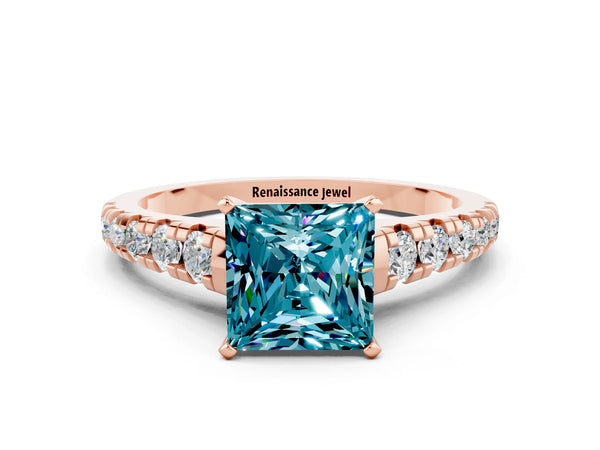 Rose gold Princess Cut Blue Topaz Cathedral Solitaire Ring with Round  Pavé Band