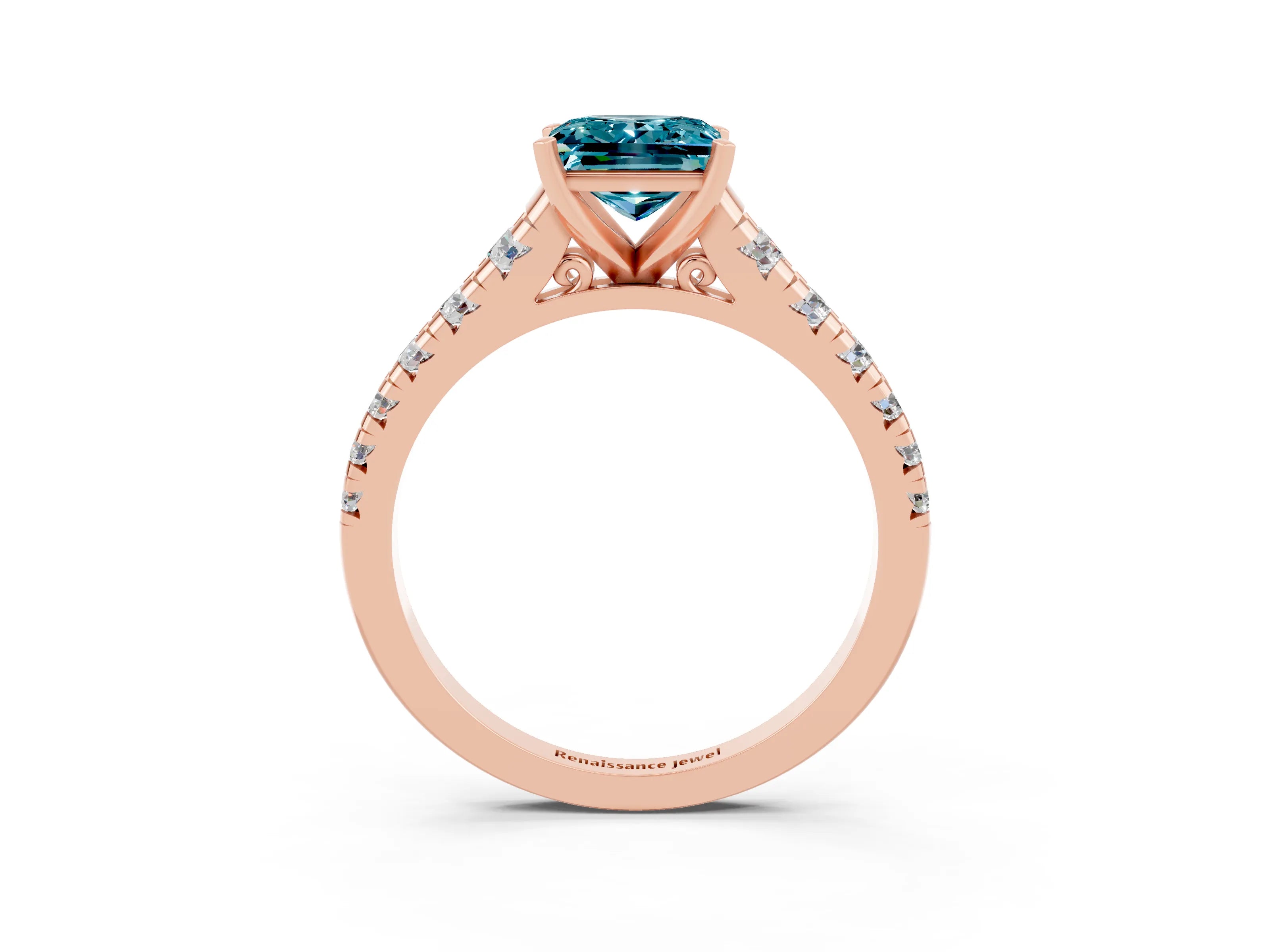 Rose gold Princess Cut Blue Topaz Solitaire Ring with Cathedral Setting and Pavé Band_3