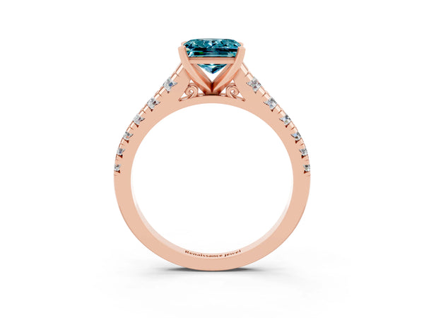 Rose gold Princess Cut Blue Topaz Cathedral Solitaire Ring with Round  Pavé Band