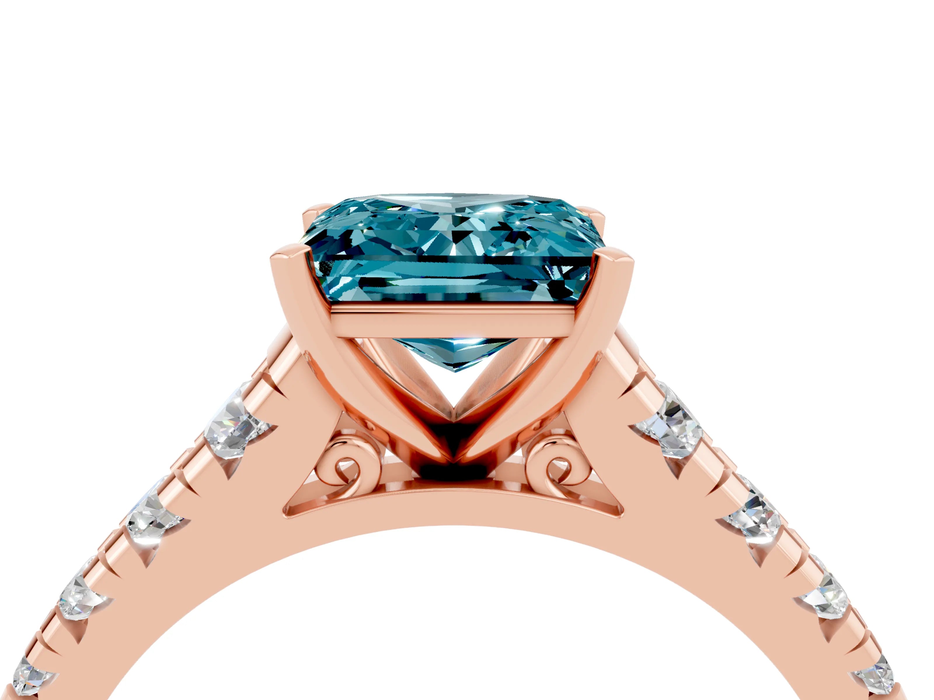 Rose gold Princess Cut Blue Topaz Solitaire Ring with Cathedral Setting and Pavé Band_4