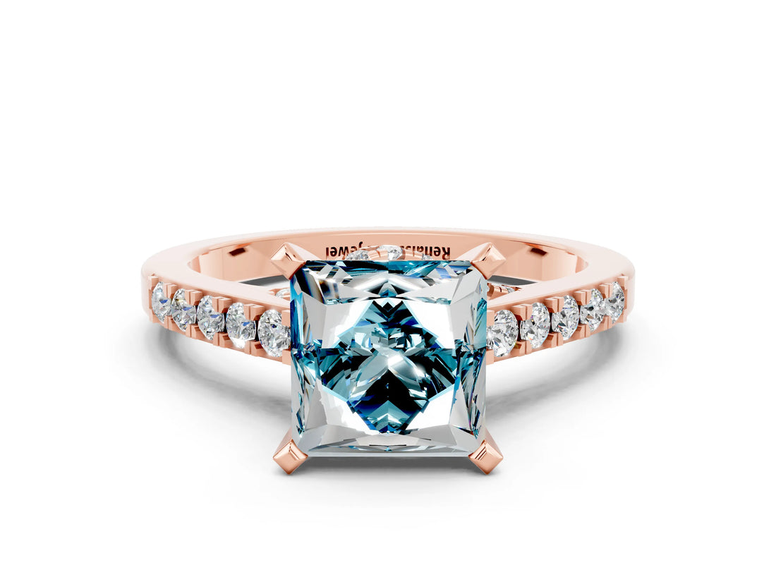 Rose gold Princess Cut Blue Topaz Solitaire Ring with Crossover Gallery and Round  Pavé Band_12